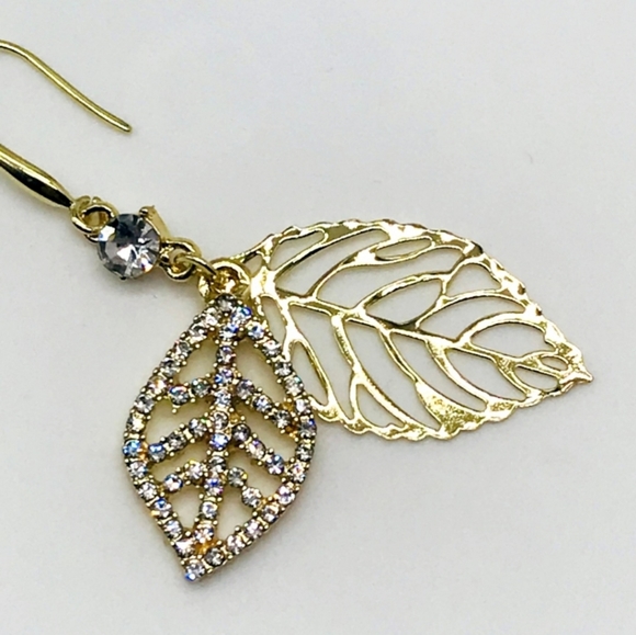 Gold-plated crystal double Leaf Drop earrings with silver post BOGO - Picture 13 of 14